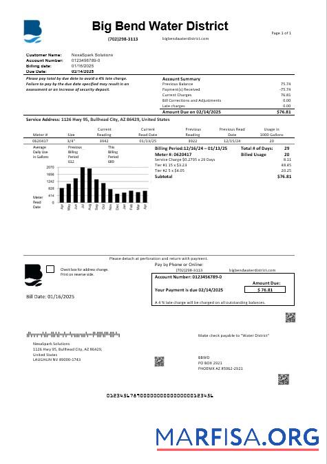 Downloadable USA Nevada Big Bend Water District business utility bill template in Word and PDF formats